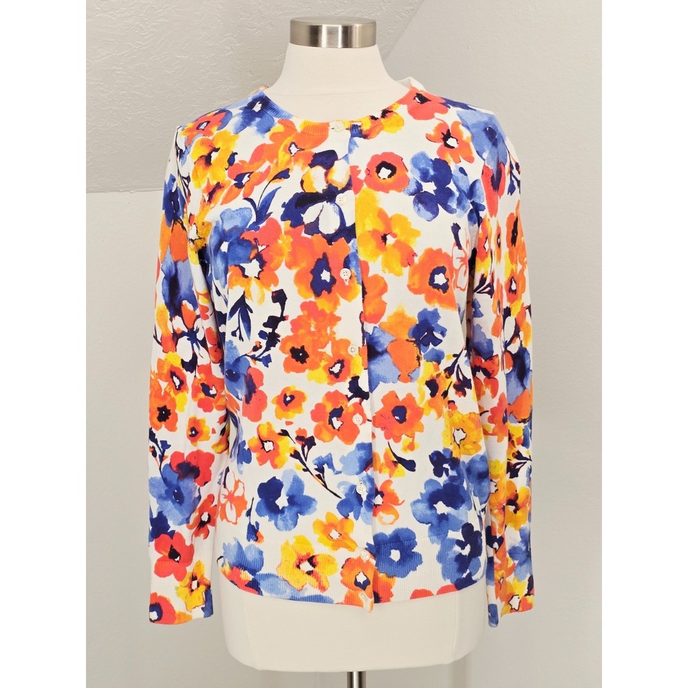 Lands End Sz M 10-12 Colorful Cardigan Orange Blue White Long Sleeve Crew Neck
